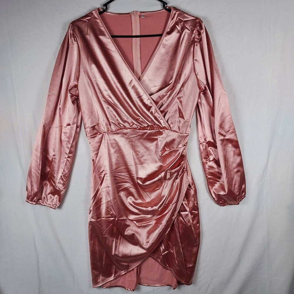Yajedo Satin V-Neck Dress Size Medium Pink Party/Cocktail Long Sleeve New